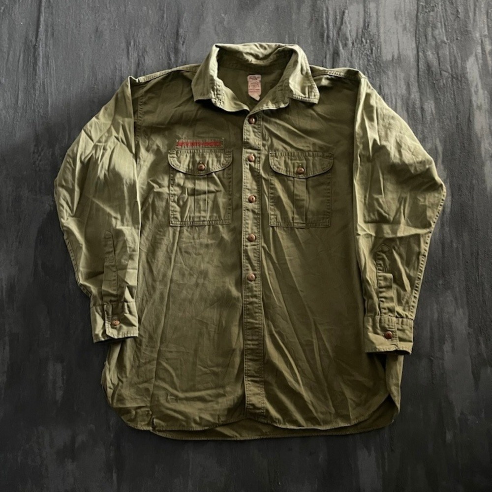 Vintage Poplin Button Down Official Shirt Mens M Olive Green 1960s Boy Scouts
